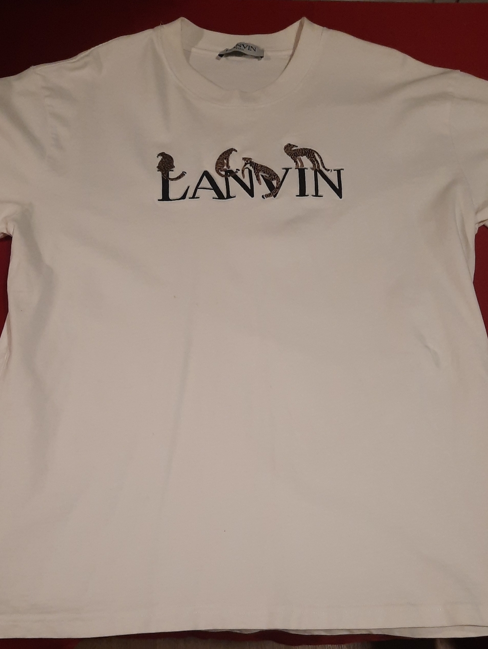 Lanvin White Short-Sleeve Leopard Print Embroidered Tee with Black Logo